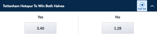 Screenshot showing Tottenham Win Both Halves market on Coral